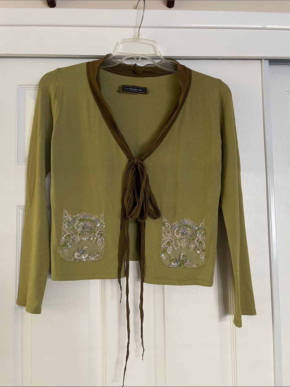 Vintage La Maison Blu Olive Tie-Neck Embroidered Pocket Cardigan